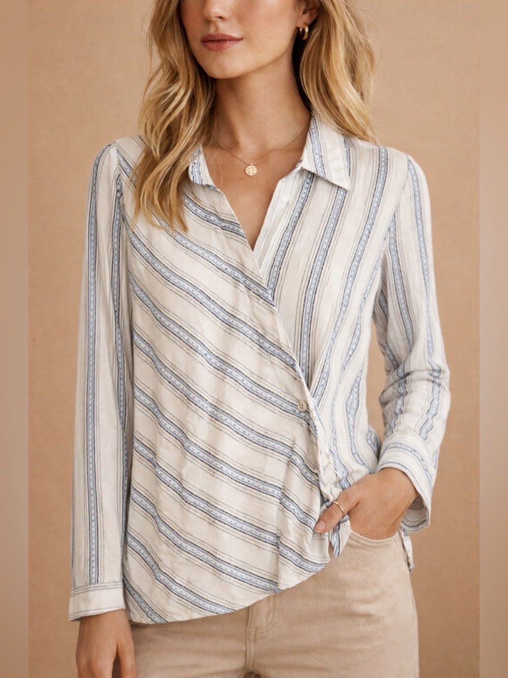 Fate Striped Wrap Blouse Blue White Cotton Blend Lightweight Shirt S